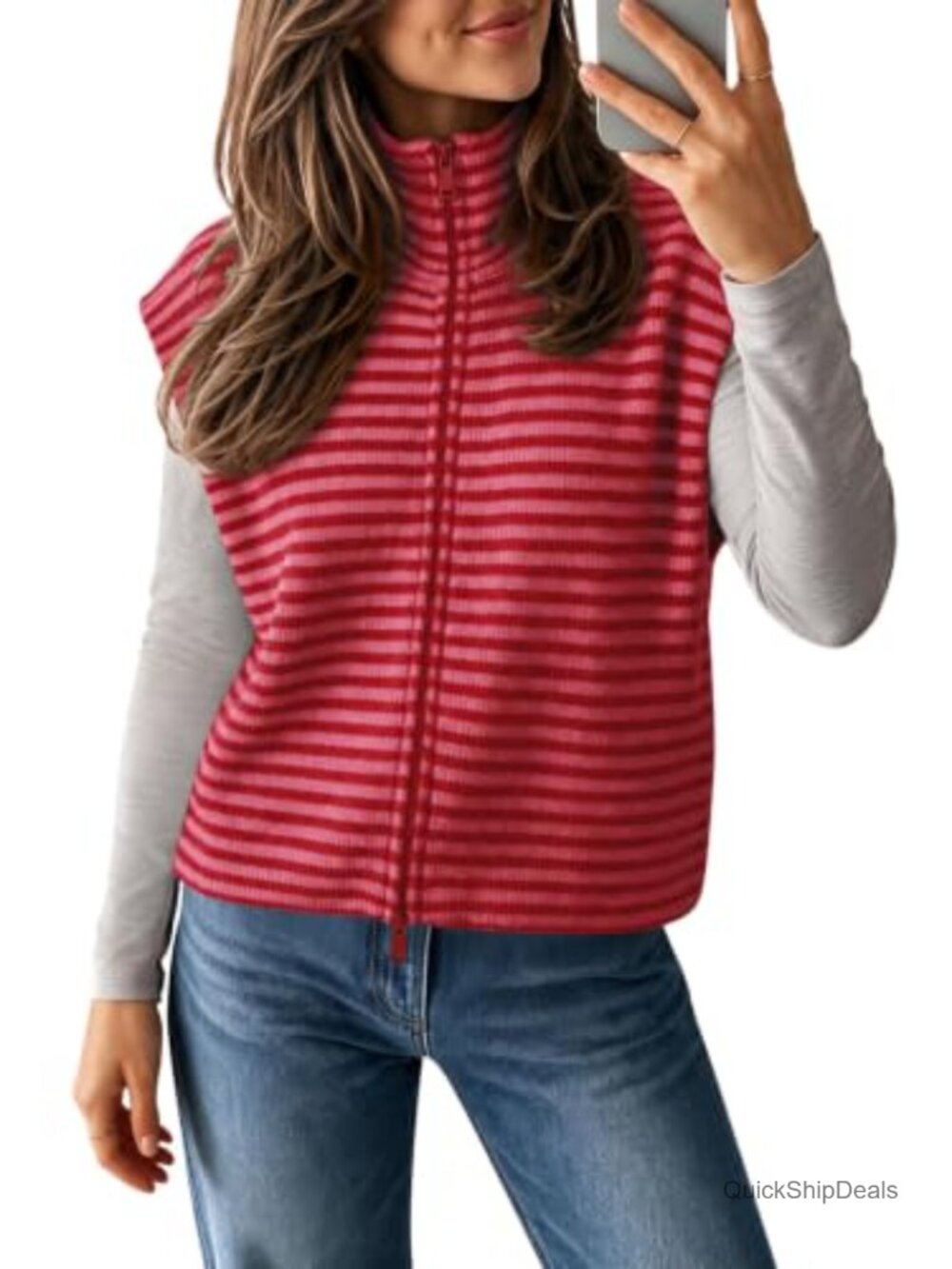 Women's Striped Zip-Up Sweater Vest Sleeveless Knit Cardigan